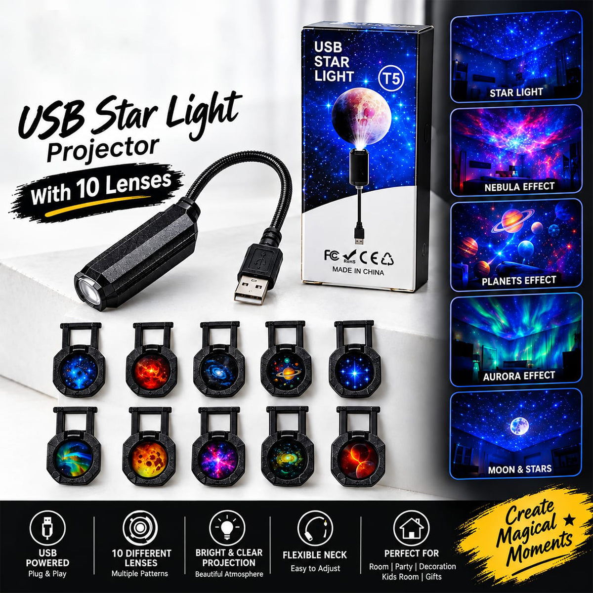 BLACK 2-in-1 USB Galaxy Star Projector Night Light (BLACK COLOR)