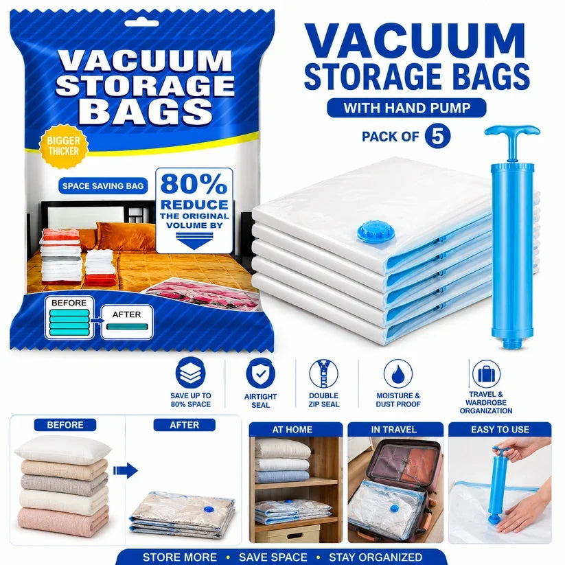 Vacuum Storage Bags with Hand Pump | Space-Saving Compression Bags for Clothes, Blankets & Bedding | 5-Pack