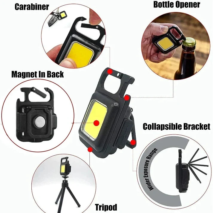 COB Rechargeable Keychain Flashlight: 3 Light Mod Portable Pocket Light with Folding Bracket, Bottle Opener, Magnet Base & Type-C Charging