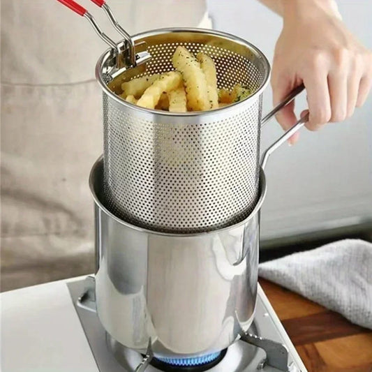 Deep Frying Pot with Strainer Basket 1200ml – Stainless Steel Oil Fryer Pot with Removable Filter Basket | Tempura, French Fries & Chicken Fry Cooker