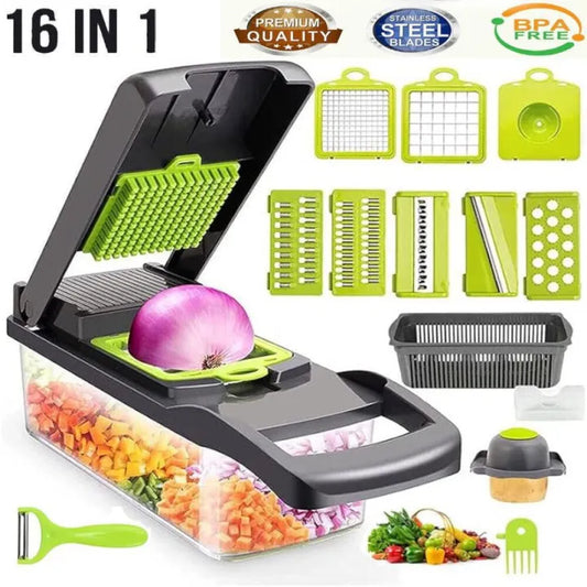 Veggie slicer 16 pieces (Gray, 1) 16 pieces hand operated vegetable slicer, veggie chopper, food chopper, onion cutter.
