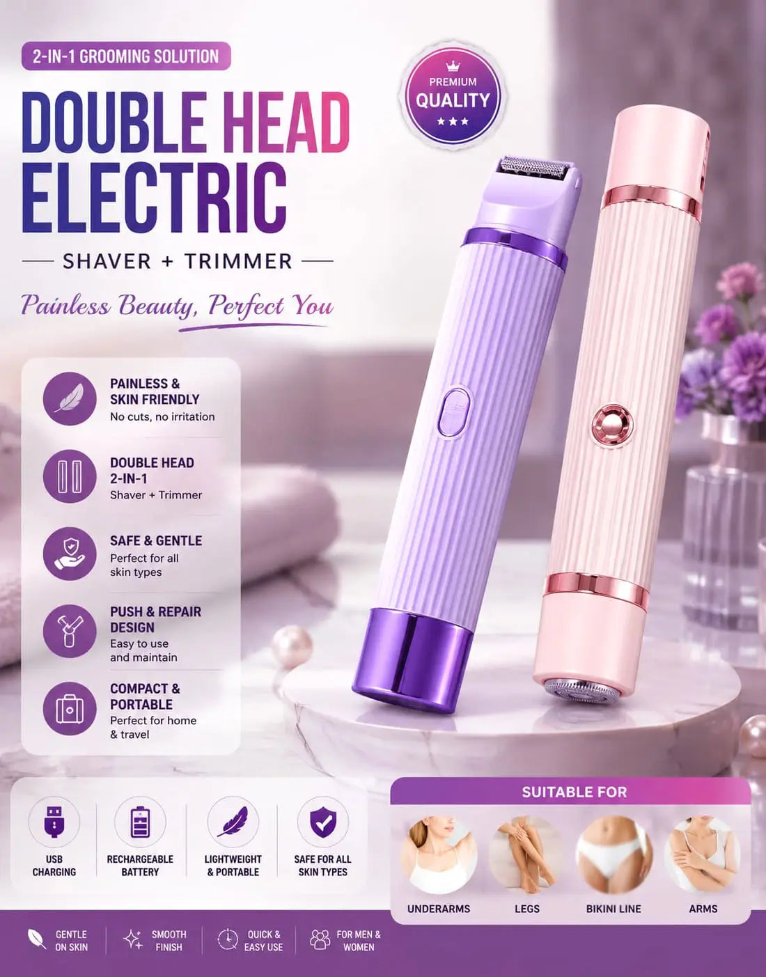 BLAWLESS 2-in-1 Electric Shaver & Trimmer – USB Rechargeable Double Head Hair Remover for Men & Women