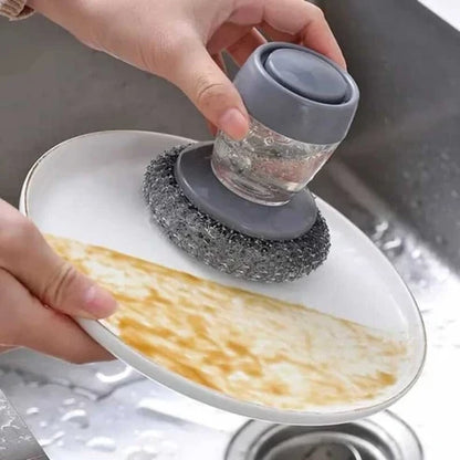 Steel dish scrubber brush with liquid dispenser
