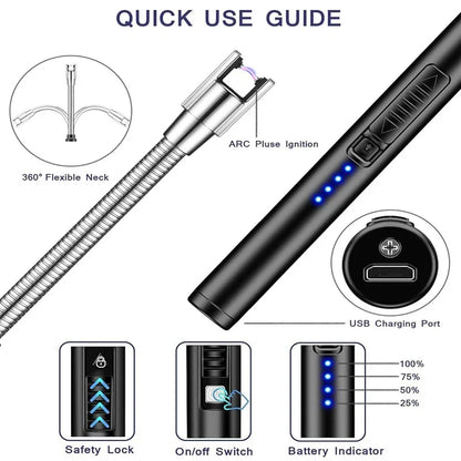 Electric USB Rechargeable Lighter | 360° Flexible Long Neck | Flameless Arc with LED Indicator