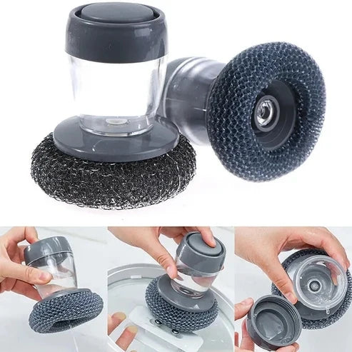 Steel dish scrubber brush with liquid dispenser