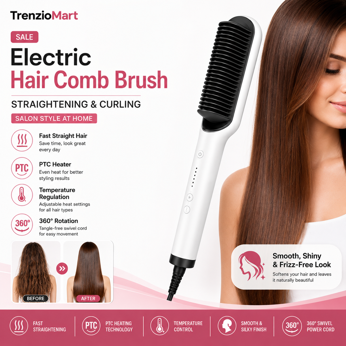 Electric Hair Comb Brush for Straightening and Curling