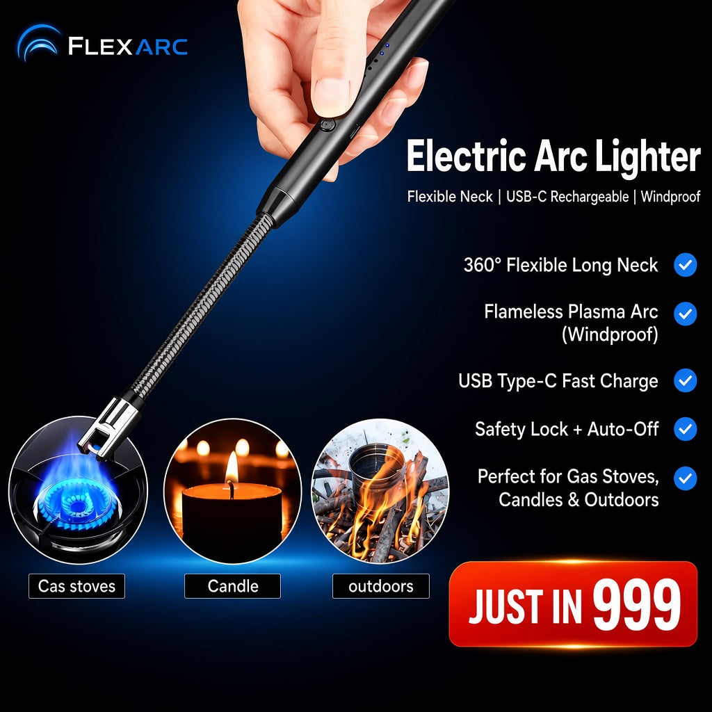 360° Outdoor Kitchen USB Rechargeable Arc Lighter – Flexible Neck, Safety Lock, Windproof & Eco-Friendly Design