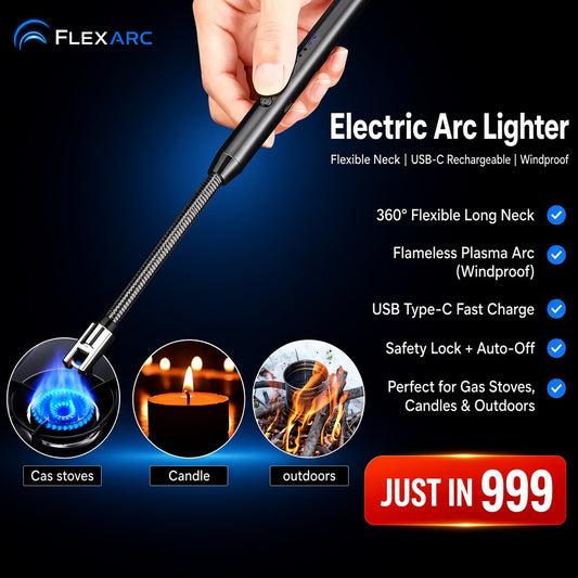 360° Outdoor Kitchen USB Rechargeable Arc Lighter – Flexible Neck, Safety Lock, Windproof & Eco-Friendly Design