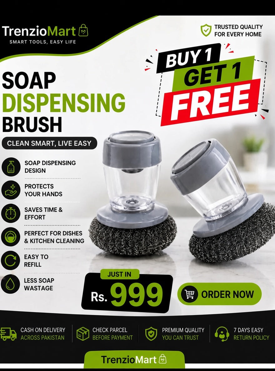 Buy 1 Get 1 Free Offer 2 Pcs Kitchen Cleaning Dish Brush Scrubber with Soap Dispenser